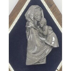 Peltro Cesellato a Mano Pewter Madonna Mary with Child Blue Velvet made in Italy